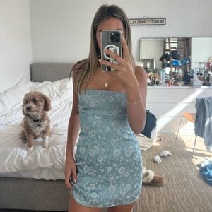 Princess Polly Ramie Strapless Mini Dress in Blue Floral Silk